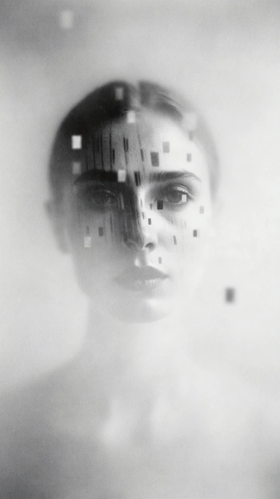 close-up portrait of a face looking forward, atmospheric black and white pictorialism style, heavy film grain, soft focus, ethereal haze, numerous small geometric shapes scattered across the face and foreground partially obscuring features, dark monochromatic background, high contrast shadows, misty aesthetic, dreamlike quality, blurred edges, diffused lighting, grainy texture, minimalist composition, hauntingly quiet mood, artistic obscuration.