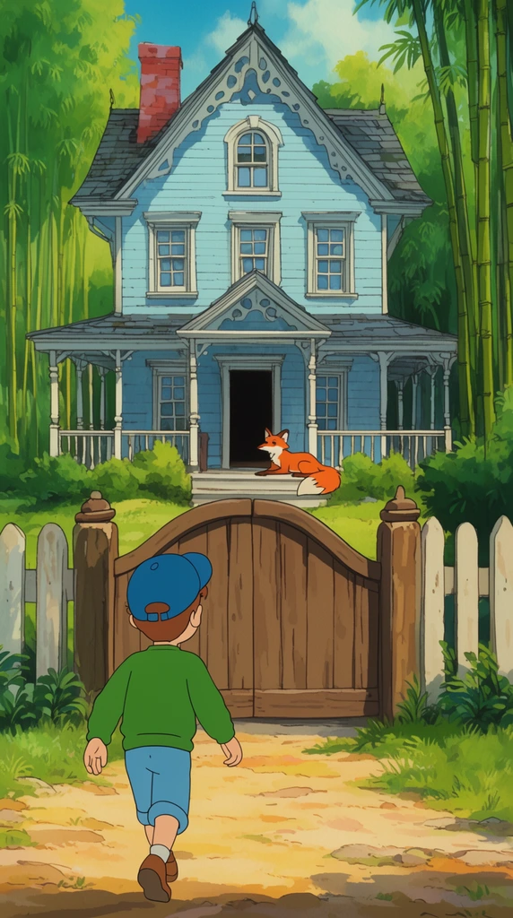In a bright 2D hand-drawn animated style, a boy in a blue cap and green sweater walks toward a light blue Victorian cottage. The sunny environment features a wrap-around porch, a large arched wooden gate, tall bamboo stalks, and a bright orange fox resting near the dark open doorway.