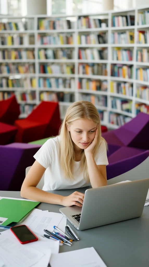 young blonde woman in a modern library resting cheek on hand while looking at a silver laptop, wearing a white short-sleeve t-shirt, seated at a curved grey desk, workspace scattered with a green folder, loose papers, pens, and a red smartphone, shallow depth of field, blurred background of white bookshelves packed with vibrant books, geometric red and purple lounge chairs, bright natural daylight, sharp focus on the subject, commercial lifestyle photography