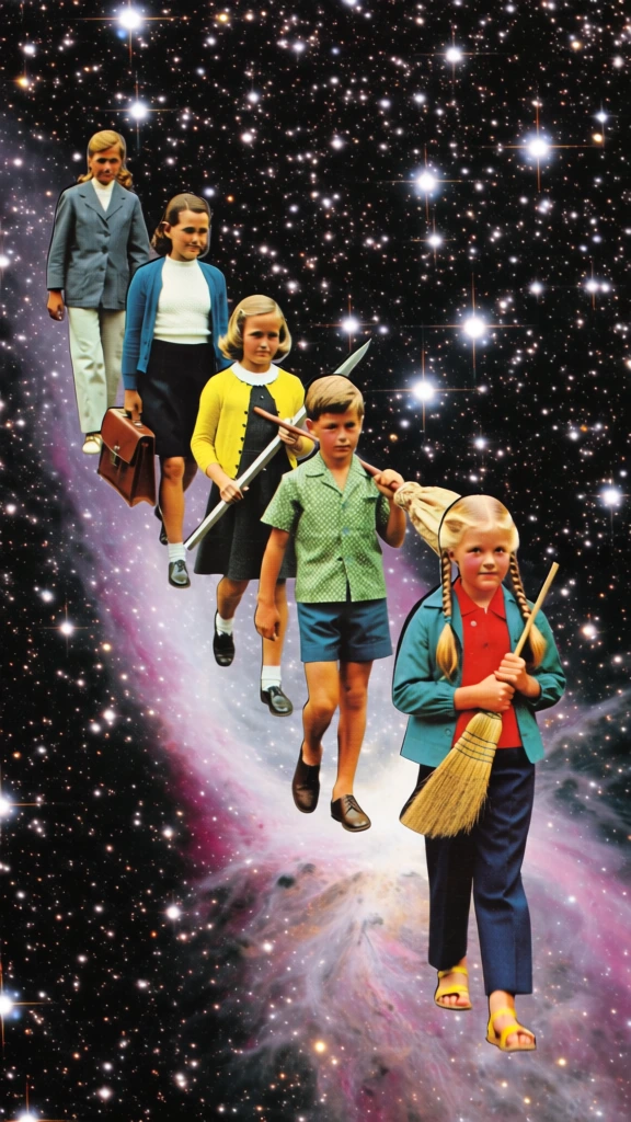 Five children walk in a single-file line down a glowing, nebulous path through a dense, star-filled space. The lead figure, at the bottom right, is a young girl with blonde hair tied in long braids, wearing a red shirt under a teal jacket, dark blue trousers, and yellow sandals, while clutching a small straw hand-broom to her chest. Behind her is a boy in a green patterned short-sleeved shirt and blue shorts, carrying a long pole with a tan bundle attached to the end over his shoulder. Following him is a girl in a yellow cardigan over a dark dress, holding a long, thin, silver object. The fourth child wears a white top, a blue cardigan, and a dark skirt, carrying a brown leather briefcase. At the top left, the final person wears a grey-blue jacket over light-colored pants. The path they traverse consists of a swirling, diagonal band of luminous purple, pink, and white cosmic gas. The background is a vast, black expanse densely populated with thousands of bright white and occasionally yellow stars of varying sizes, some appearing as small dots and others as larger, multi-pointed glows. This surreal collage composition uses vintage-style photographic cutouts of the children, layered onto a high-contrast space background, creating a flat, two-dimensional perspective with a diagonal lead from the upper left to the lower right.