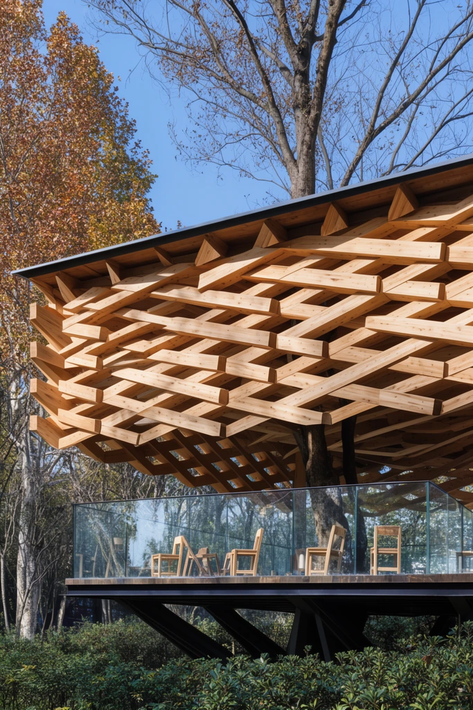 A modern architectural pavilion featuring a striking overhead canopy of interwoven light wooden beams in a repeating diamond lattice. The wooden structure rests on dark metal supports over a glass-enclosed observation deck furnished with simple wooden chairs. Integrated into a forested environment, a tall tree trunk grows directly through the wooden roof. Surrounded by green bushes and autumn-hued trees under a clear blue sky. Low angle daytime architectural photography with sharp geometric shadows.