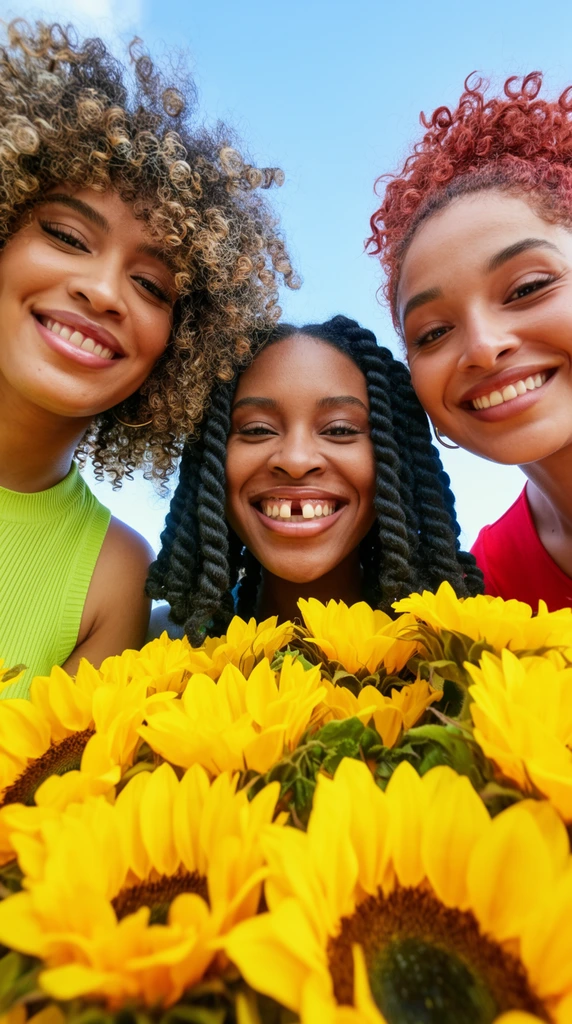 Captured from a low worm's-eye perspective, three smiling women lean inward for a close-up selfie behind a dense foreground barrier of vibrant yellow sunflowers. Their faces frame the upper edge of the composition against a clear blue sky. The left woman has voluminous highlighted curly hair and wears a lime green ribbed top. The center woman styles thick black twisted pigtails and has a wide smile with a prominent front tooth gap. The right woman has curly reddish hair pulled up and wears a red top. Bright daylight provides even illumination across their faces, emphasizing a highly saturated color palette of primary yellows, greens, and reds with wide-angle lens distortion.