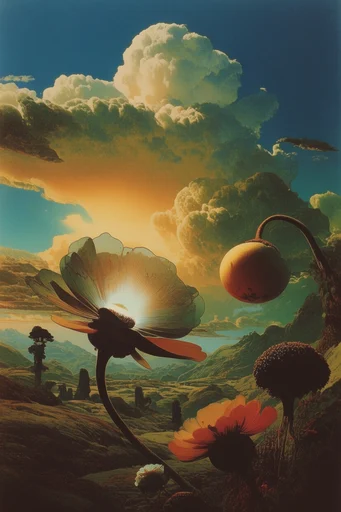 Vintage Cosmic Surrealism style reference image — volumetric clouds