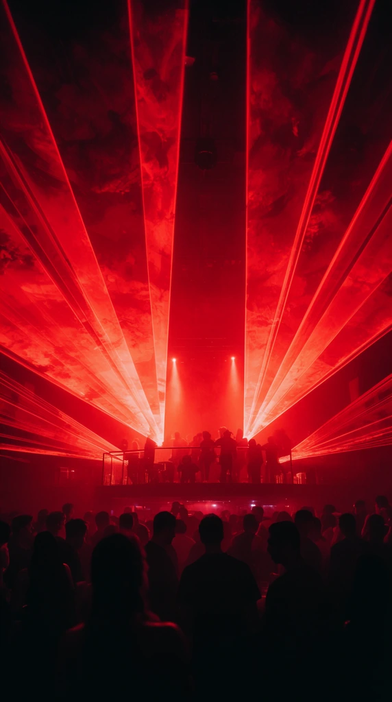 intense red laser beams radiating through thick haze, nightclub crowd silhouetted in foreground, elevated stage, dramatic concert photography, vivid crimson tones