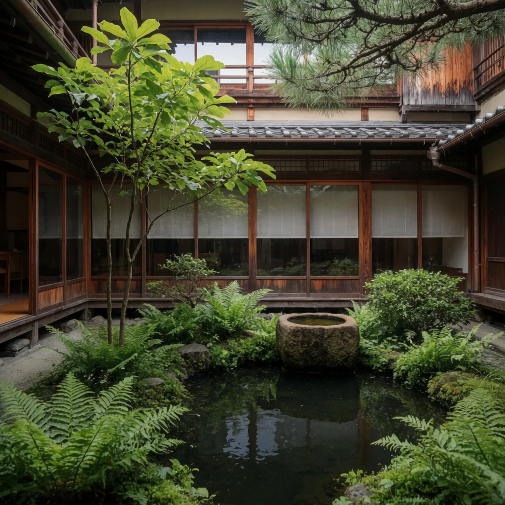 Serene traditional courtyard garden, small dark reflecting pond surrounded by lush green ferns, slender broad-leaf sapling, weathered stone water basin, two-story wooden building with sliding glass doors, white screens, overhanging pine branches, soft overcast daylight