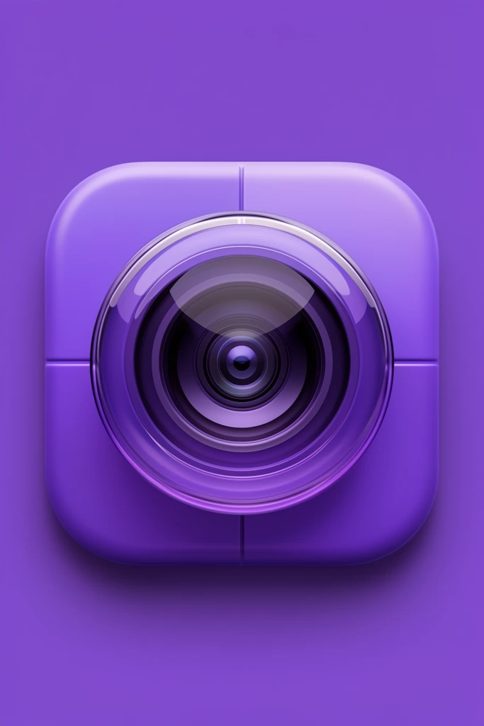 3D camera lens app icon, monochromatic purple palette, glossy glass concentric circles, reflective highlights, rounded square base, subtle division lines, soft shadow, modern UI skeuomorphic design, clean rendering, solid purple background