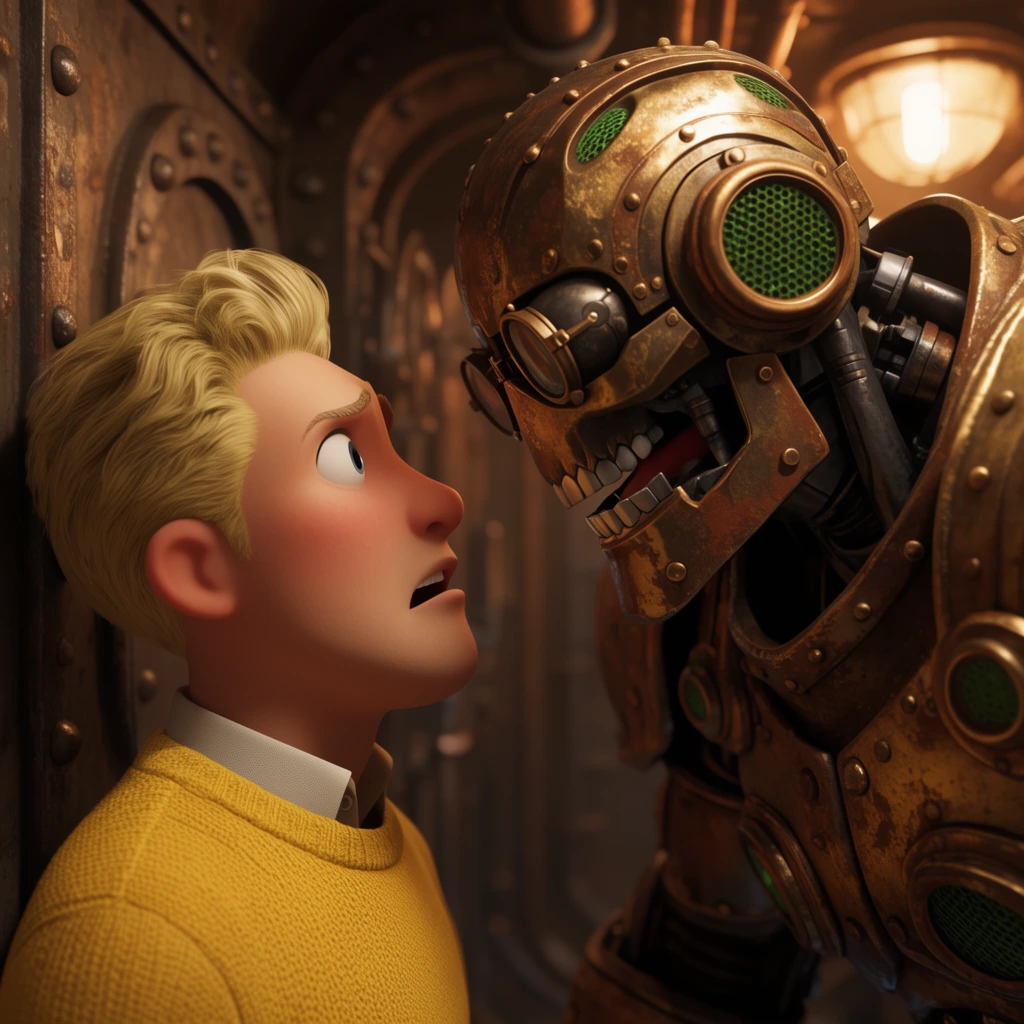 A tight 3D CGI close-up captures a tense stare-down between a blonde man in a yellow sweater and a towering cyborg in rusted brass steampunk armor with green vents. The cyborg leans in aggressively, baring a metallic jaw, while the man stares back in shock. The scene is set in a dimly lit, claustrophobic submarine corridor featuring riveted steel walls under dramatic amber lighting with a shallow depth of field.