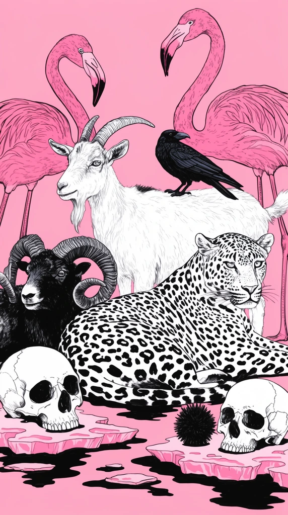 A surreal pop-art collage on a solid pink background featuring black and white line-art animals. A white goat carrying a black raven stands near a black ram, a resting leopard, and tall pink flamingos. In the foreground, two human skulls and a spiky black orb rest on melting pink ice with black puddles. The flat, densely packed composition uses a strict black, white, and pink palette with bold ink outlines.