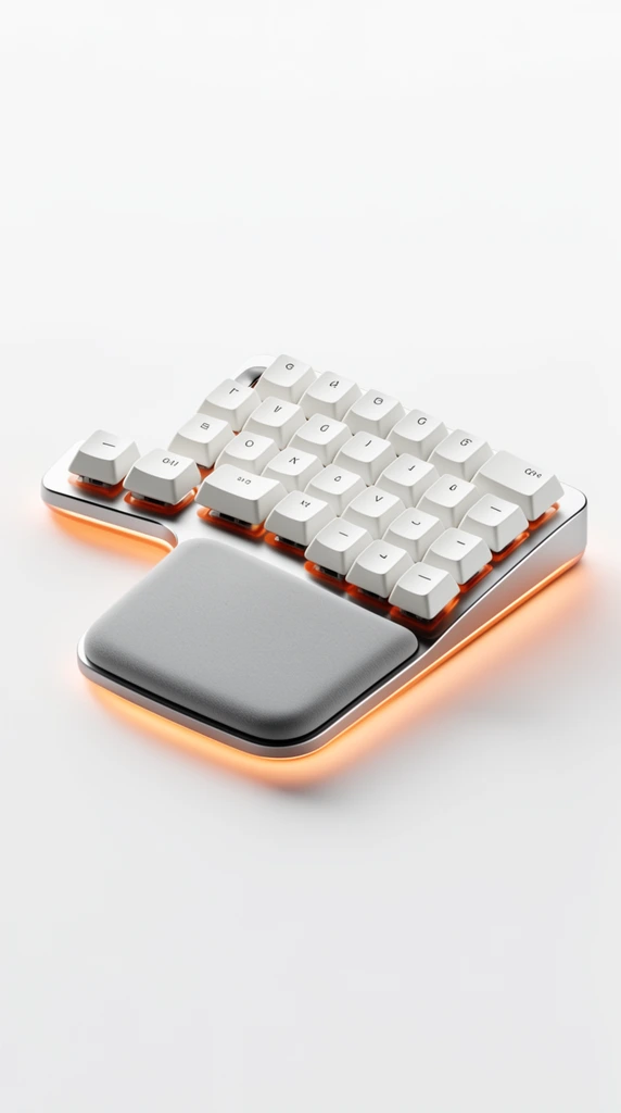 A split ergonomic keyboard half featuring a metallic base, grey wrist rest, and white keycaps on a seamless white surface. Warm orange underglow lighting radiates beneath the base and keys. Rendered with an isometric perspective and minimalist studio lighting.