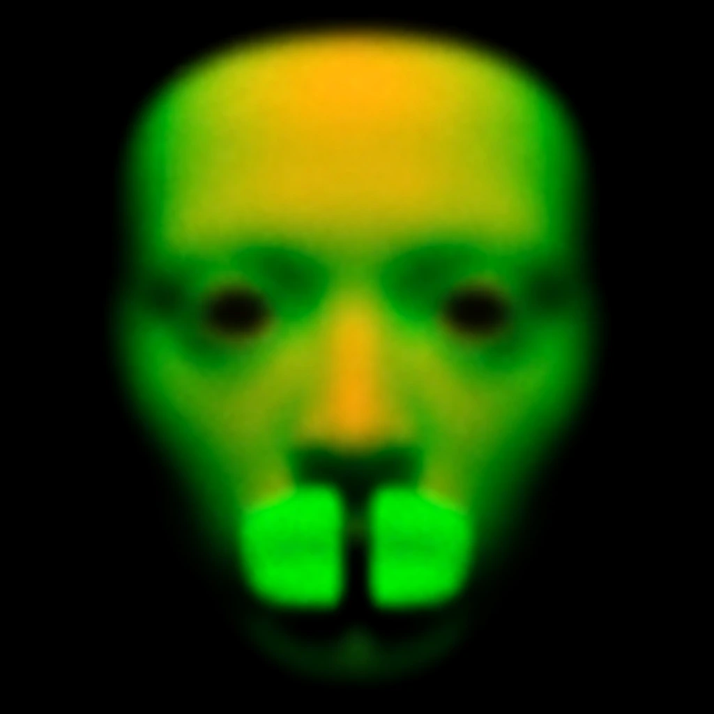 A distorted, glowing green and yellow face emerges from a solid black background in an out-of-focus, extreme close-up shot. The central subject is a humanoid visage characterized by a large, rounded forehead that transitions from a vibrant neon yellow at its peak to a saturated lime green toward the edges. Below the forehead, two dark, blurry circular indentations represent the eyes, with the socket on the right side of the frame appearing darker and more recessed than the left. A soft, vertical line of yellow light suggests a nose bridge between the eye cavities. At the bottom center, two bright green, blocky shapes resembling prominent front teeth are visible, separated by a dark, vertical gap. The entire face is rendered with soft, diffused edges, creating a luminous, ethereal appearance that glows against the surrounding dark void. The lighting is intensely focused on the center of the forehead and the lower facial features, while the sides of the face fade into deep shadows. The color palette is strictly limited to shades of electric green, bright yellow, and pitch black, contributing to a high-contrast, thermal-imaging-like aesthetic. The composition is centered and tightly framed, focusing exclusively on the frontal features of the blurred figure.