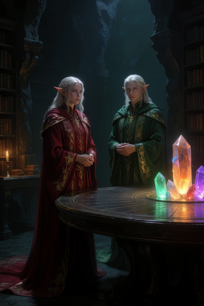 Two elven scholars in crimson and emerald robes, standing in dark subterranean library, large circular table with glowing crystals, moody volumetric lighting
