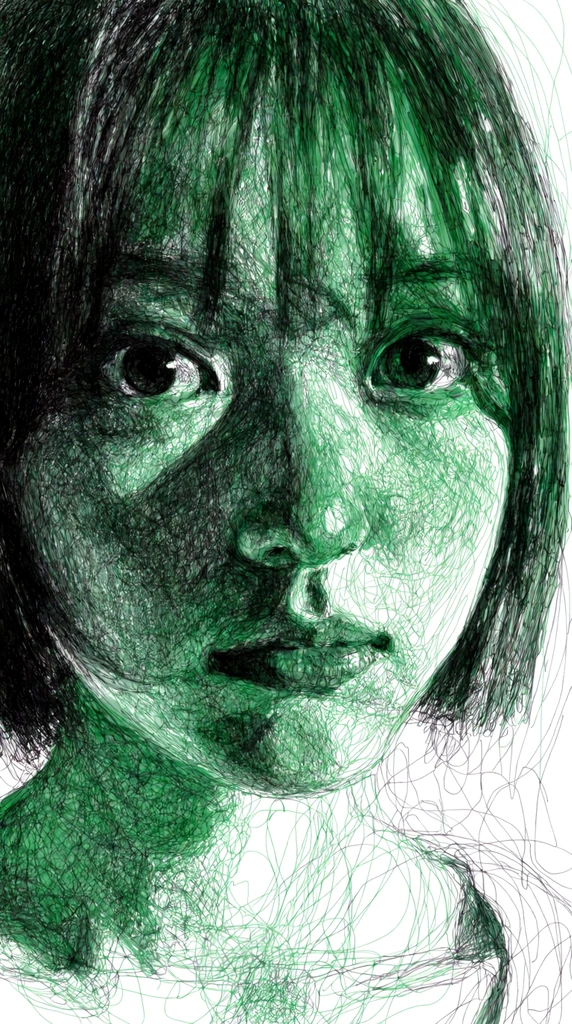 Extreme close-up portrait of a young woman with short straight hair and wide-set eyes, chaotic scribbled line art, dense overlapping thin ink lines, vibrant emerald green and deep black color palette, intense direct gaze, heavy shadows formed by concentrated scribbling on the left side, sparse white paper background on the right, expressive texture