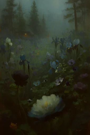 Atmospheric Gothic Nocturnes style reference image — warm amber glow