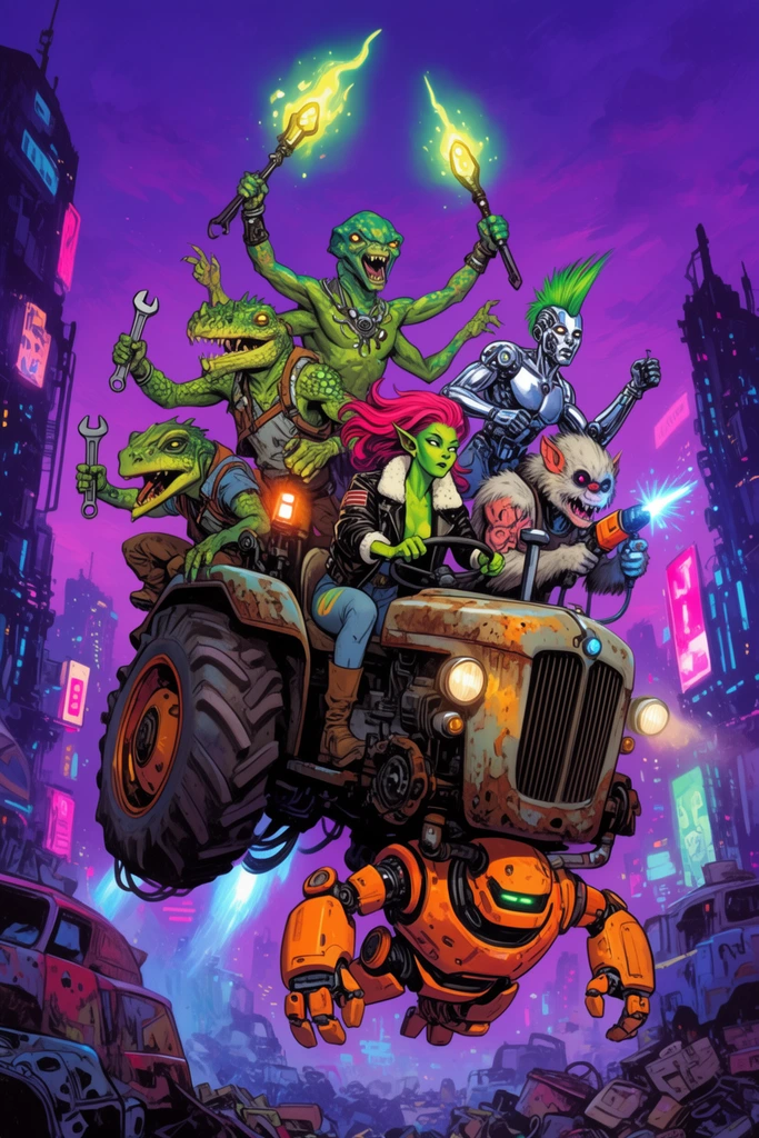 Six bizarre alien mechanics ride a rusted flying hover-tractor through a neon-lit cyberpunk junkyard under a purple twilight sky. A green-skinned alien woman in a leather flight jacket pilots the vehicle while a bulky orange robot dangles from the undercarriage. A multi-armed alien atop the tractor raises glowing energy staffs. Behind the pilot sit a reptilian humanoid wielding a wrench, a chrome-armed cyborg with a green mohawk, and a furry creature aiming a laser welder. Rendered in a vibrant high-contrast comic illustration style emphasizing dynamic mid-air action.