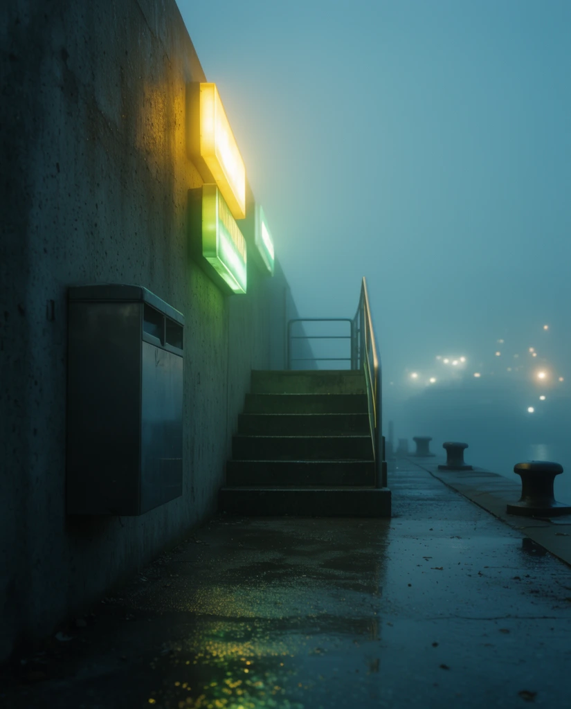 wet concrete dock in thick cyan fog, brutalist wall illuminated by glowing yellow and green rectangular signs, wall-mounted metal bin, descending concrete stairs with metal handrail, mooring bollards, distant blurred lights, cinematic neo-noir lighting