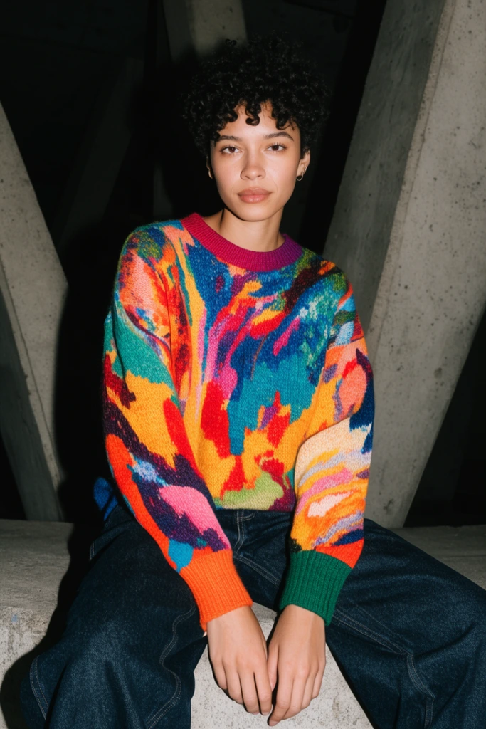 A person with short curly hair sits on a concrete ledge wearing a vibrant, multicolored abstract knit sweater and dark denim jeans. Harsh direct flash photography illuminates their calm face and casts sharp black shadows against angular concrete pillars in a dark urban setting.
