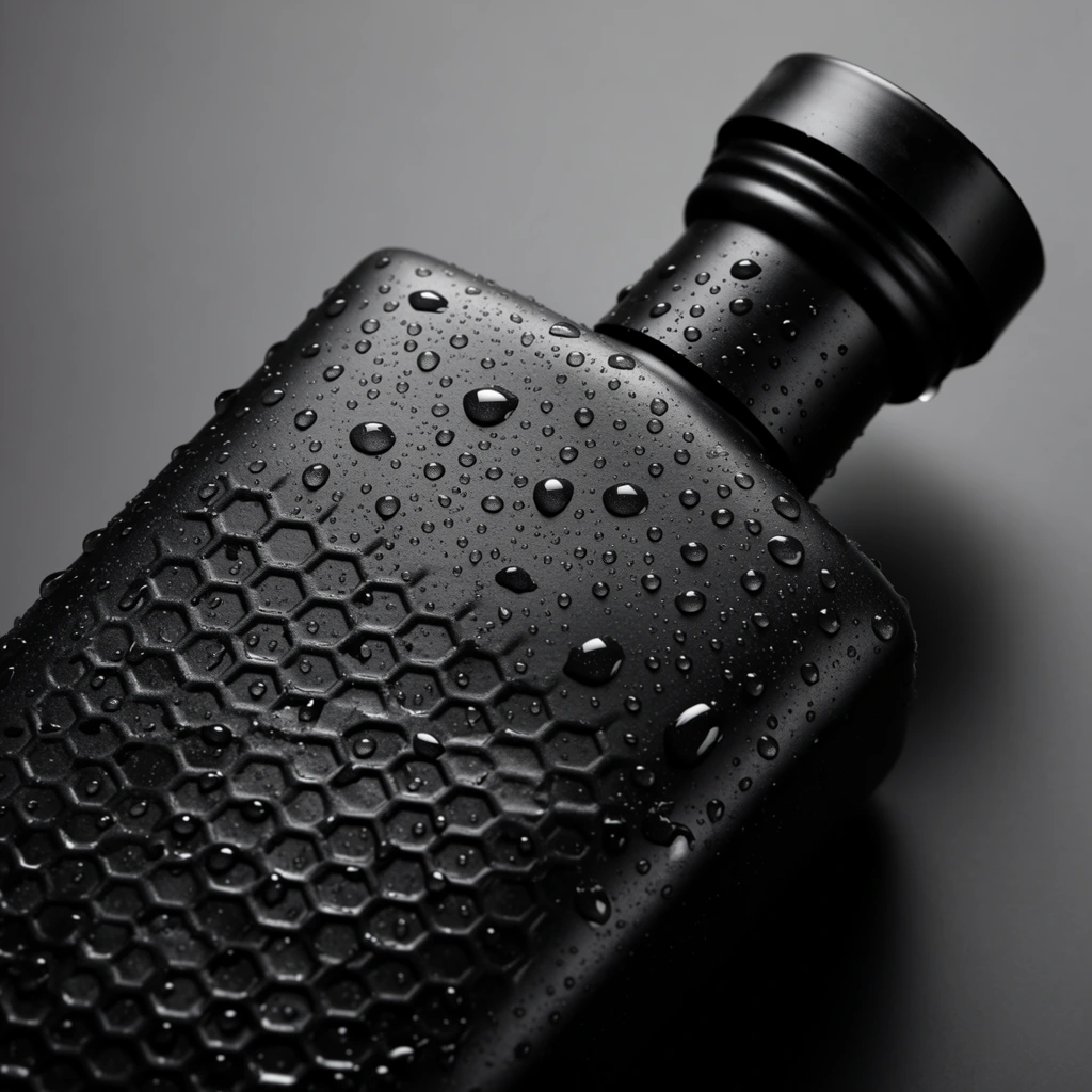 A close-up studio shot of a matte black, rectangular bottle covered in glistening water droplets, lying diagonally across the frame from bottom-left to top-right. The sleek bottle features a prominent raised hexagonal honeycomb texture along its lower side and is topped with a tiered, cylindrical black cap. Numerous condensation beads of varying sizes cling to the matte surface, catching bright specular highlights from the dramatic studio lighting. The object rests against a smooth, seamless medium-grey background with a subtle gradient. The composition employs sharp macro focus on the moisture and industrial surface details, yielding a moody, high-contrast, premium commercial product photography aesthetic.