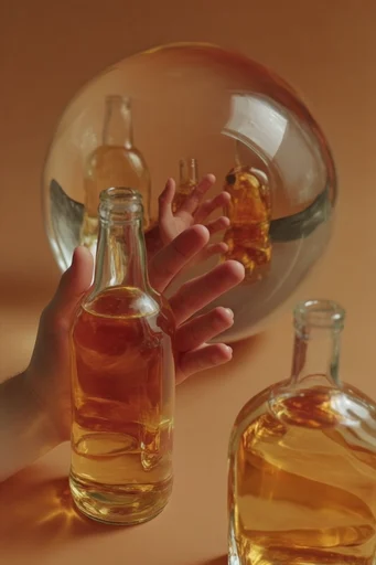 Amber Surrealist Still-Life style reference image — glass refraction and liquid distortion