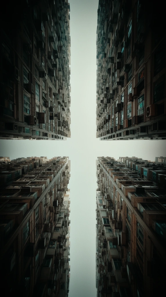An extreme low-angle worm's-eye view looking straight up at dense, towering residential high-rises framing a bright, cross-shaped slice of sky. The massive structures converge from the left, right, and bottom, defined by a relentless repetition of tightly packed rectangular windows and protruding boxy air conditioning units. The weathered facades feature muted tones of brown, gray, and desaturated teal. The central void forms a stark, luminous plus sign against the pale, flat sky. This urban photography utilizes a precise symmetrical composition with heavy vignetting darkening the outer edges, enhancing the monumental scale and moody, cinematic atmosphere.