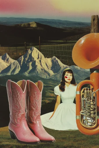 Analog Cosmic Surrealism style reference image — analog paper collage