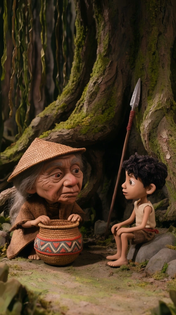 stop-motion animation, elderly figure with oversized head and woven hat conversing with young boy sitting on rocks, base of massive mossy tree, holding patterned woven basket, spear leaning on trunk, hanging vines, miniature set design, cinematic lighting, earthy tones
