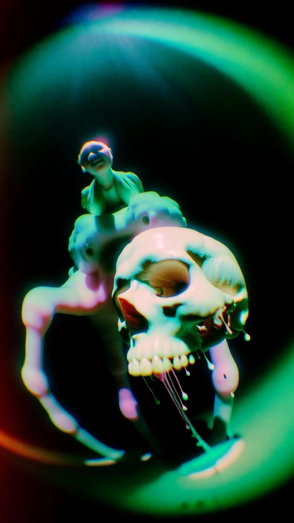 ultra wide-angle fisheye lens perspective, distorted top-down viewpoint, surreal cyan and neon green bioluminescent glow, soft magenta highlights, heavy chromatic aberration, dreamlike ethereal haze, a macabre melting skull in the foreground dripping viscous fluid, positioned near a mysterious figure mounted atop a fantastical multi-legged creature, centralized focus, circular vignette, distorted proportions, dynamic fluid shapes, warped edges, high contrast, psychedelic art-house aesthetic