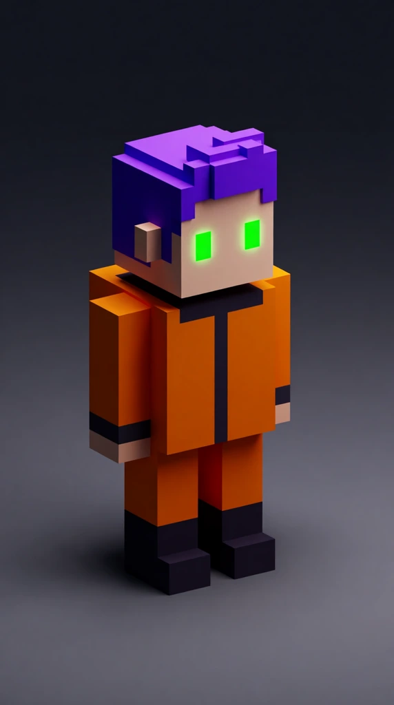 A minimalist 3D voxel character stands on a dark grey gradient background. The blocky low-poly figure features a cubic head, spiky purple hair, and glowing green rectangular eyes. The body is clad in a bright orange geometric spacesuit with a black vertical stripe and thick dark boots. The rendering relies on flat matte colors, soft directional lighting, and an angled isometric perspective.