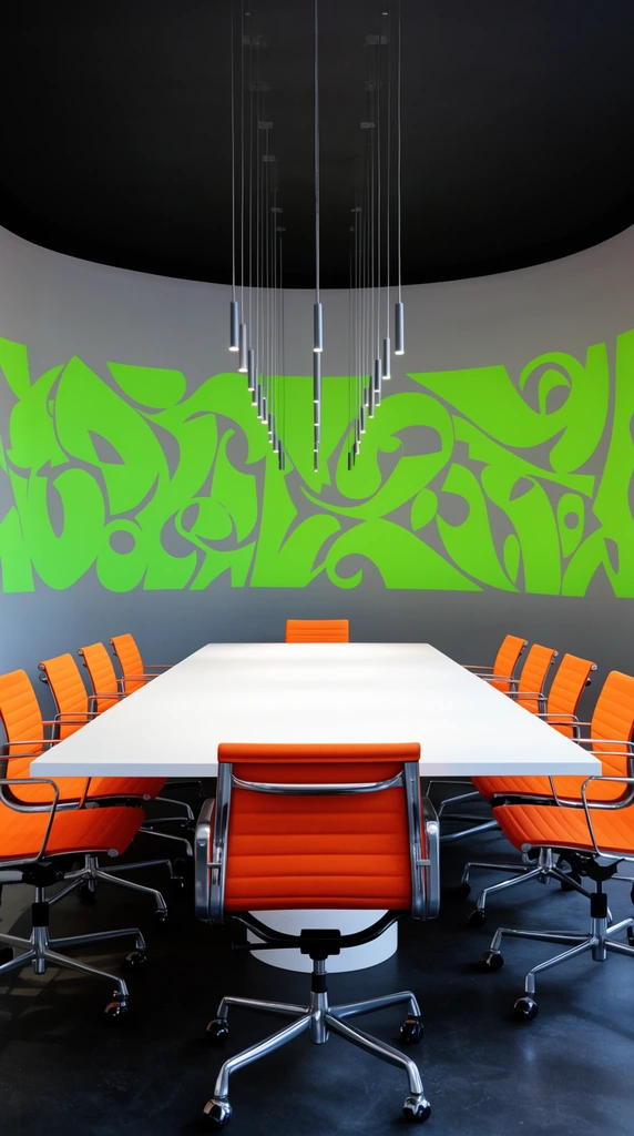 A modern, symmetrical conference room centered on a massive white rectangular table surrounded by bright orange ribbed office chairs with chrome wheeled bases. A precise row of thin, cylindrical pendant lights hangs from a dark ceiling. Behind the table, a wide curved gray wall features a bold, abstract neon green graphic mural. Crisp architectural photography emphasizes the striking color contrast against the dark floor.