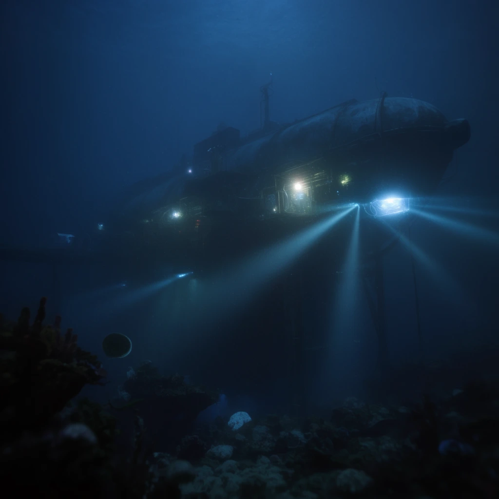 Underwater scene, dark blue ocean depths, large shadowy structure looming in the background, possibly a submarine or underwater facility, bright bioluminescent lights glowing on the structure, radiating beams of light through the murky water, deep sea exploration vibe, cinematic wide shot, moody and mysterious atmosphere