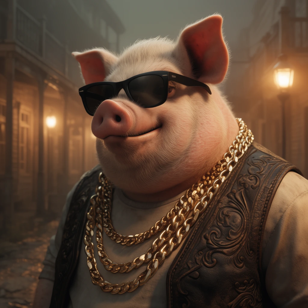 anthropomorphic pig wearing black sunglasses, thick gold chains, ornate leather vest, confident smirk, dimly lit old western street, warm glowing streetlamps, atmospheric fog, highly detailed 3D render, cinematic lighting, warm sepia tones, shallow depth of field