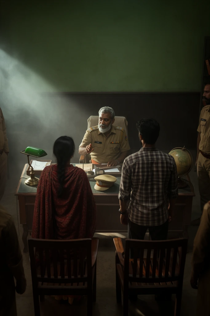 A dramatic confrontation in a dimly lit, haze-filled office centers on a seated, uniformed official gesturing toward a man and woman standing with their backs to the camera. The older, grey-bearded official in a khaki uniform is highlighted by a sharp volumetric light beam piercing the dusty air from the left. The foreground woman wears a patterned red shawl alongside the man in a plaid shirt. They stand behind two empty wooden slatted chairs facing a desk cluttered with a peaked cap, a green banker's lamp, and a globe. The moody, cinematic composition features muted green walls, dark wainscoting, and shadowed secondary figures near the frame's edges.