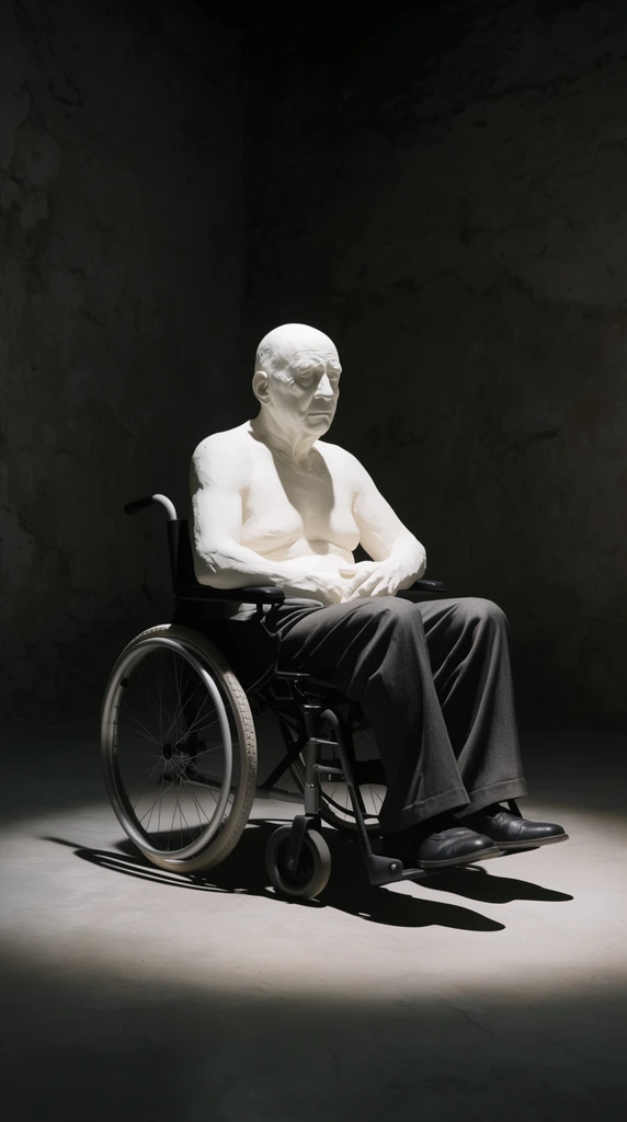 hyper-realistic sculpture of an elderly bald man in a wheelchair, stark white plaster head and shirtless torso, contrasting dark grey trousers and black leather shoes, hands resting in lap, placed in a bare cavernous room with rough dark walls, smooth concrete floor, single intense spotlight casting a sharp pool of light, deep enveloping shadows, minimalist contemporary staging, dramatic chiaroscuro lighting