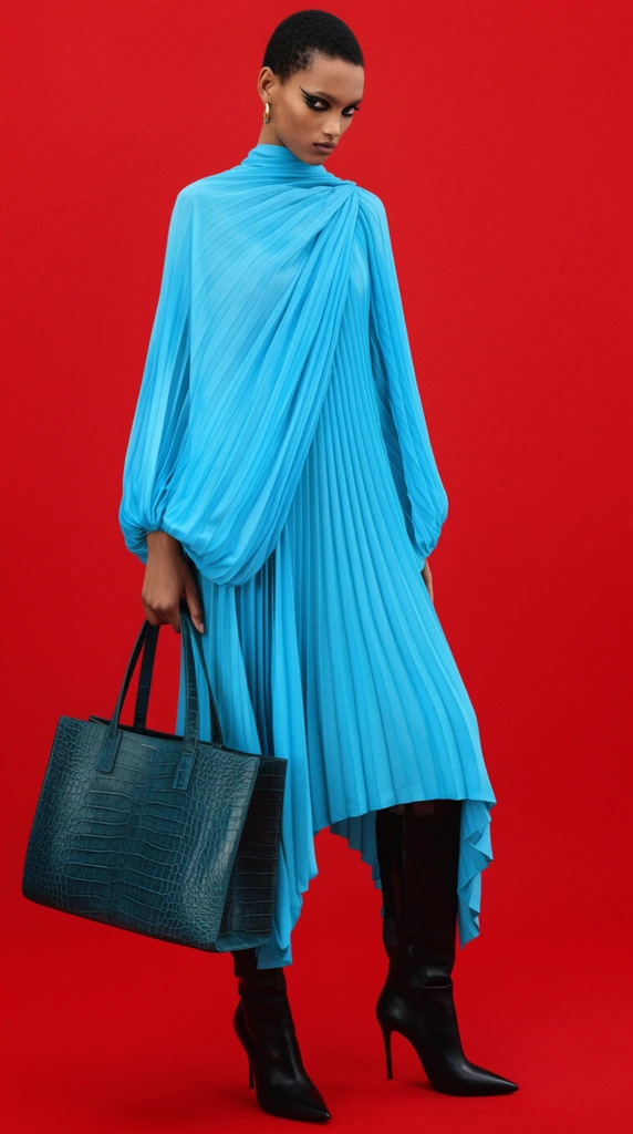 A fashion model with a short black buzz cut and dark skin stands against a seamless, vibrant crimson red backdrop. She wears dramatic winged eyeliner, small gold hoop earrings, and a striking cyan-blue pleated dress with a high draped neckline, voluminous sleeves, and an asymmetrical hem. In her right hand, she holds a large dark teal crocodile-embossed leather tote bag. Knee-high, pointed-toe black leather stiletto boots complete the ensemble. She maintains an intense expression, gazing slightly downward. The high-fashion studio portrait utilizes flat, even lighting to emphasize sharp focus, intricate pleating textures, and the bold color contrast between the bright blue garment and the saturated red environment.