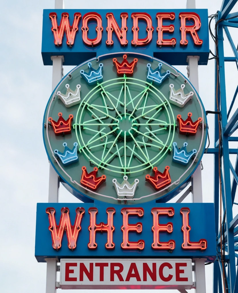 A tall vertical neon sign for the Wonder Wheel entrance stands against a pale, overcast sky. At the top, a blue horizontal rectangular box displays the word "WONDER" in large, uppercase, red neon-outlined block letters. Below this, a large circular sign features a central spoked wheel design encased in light green neon tubing. Around the perimeter of this inner wheel are twelve crown-shaped icons, alternating between red, light blue, and white colors. Beneath the circular section is another blue horizontal rectangular box containing the word "WHEEL" in the same large, red neon-outlined block lettering. At the very bottom, a smaller white rectangular sign shows the word "ENTRANCE" in solid red, uppercase, sans-serif letters. The entire sign structure is mounted on white vertical supports, with blue metal framework and wiring visible on the right side. The image is a direct, eye-level shot in daylight, highlighting the vibrant primary colors of the amusement park signage.