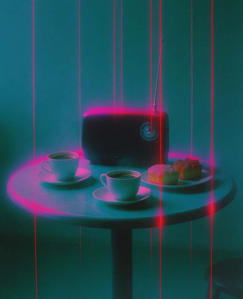 tabletop still life of a round table with two coffee cups on saucers, a radio-like object, and two pastries, saturated in a surreal synthwave palette of deep teal and magenta, perfectly vertical neon-red laser filaments slicing the scene, localized magenta bloom on the edges of dark silhouettes, heavy cinematic film grain, hazy ethereal atmosphere, low-light chiaroscuro with cyan shadows, retro-futuristic aesthetic, soft-focus glow, moody vaporwave atmosphere