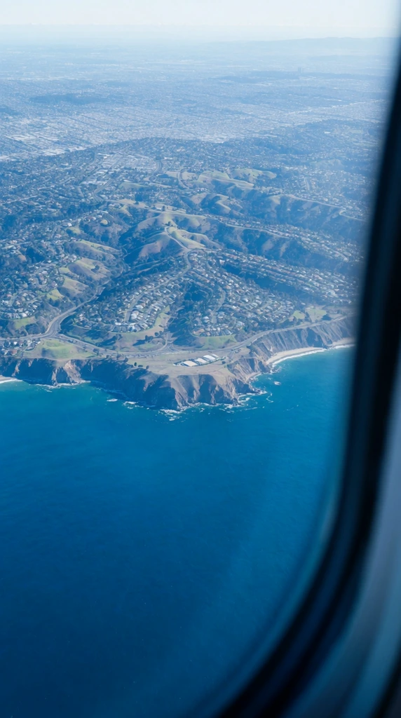 aerial view of a coastal peninsula seen through an airplane window, deep vibrant blue ocean dominating the lower half, rugged cliffs curving into the sea, sprawling suburban landscape with winding roads, rolling hills transitioning into a hazy urban grid, distant horizon blending with a light sky, right edge framed by the out-of-focus dark curve of a plane window interior, high altitude perspective, bright natural daylight, aerial photography, cool blue color palette