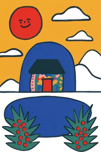 Whimsical Graphic Naivism style reference image — flat gouache illustration