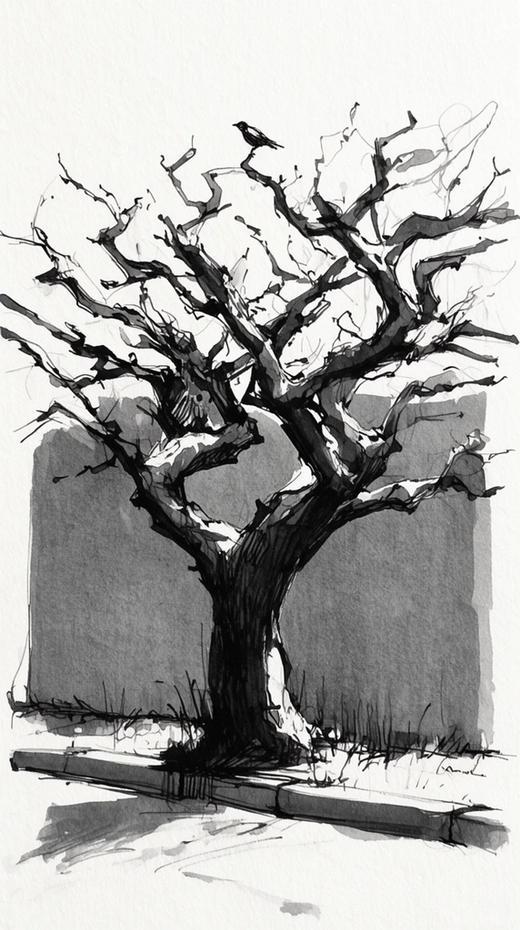gnarled tree ink and wash sketch, jagged branches, small bird perched atop, thick shaded trunk, loose hatched linework, stark contrast, gray block background, low curb foreground, monochromatic on textured paper