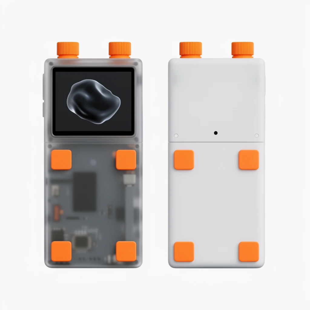 multi-angle product shot of a minimalist electronic device, translucent gray and matte white casing, bright orange knobs, square rubber pads, screen displaying a dark fluid blob, flat white background