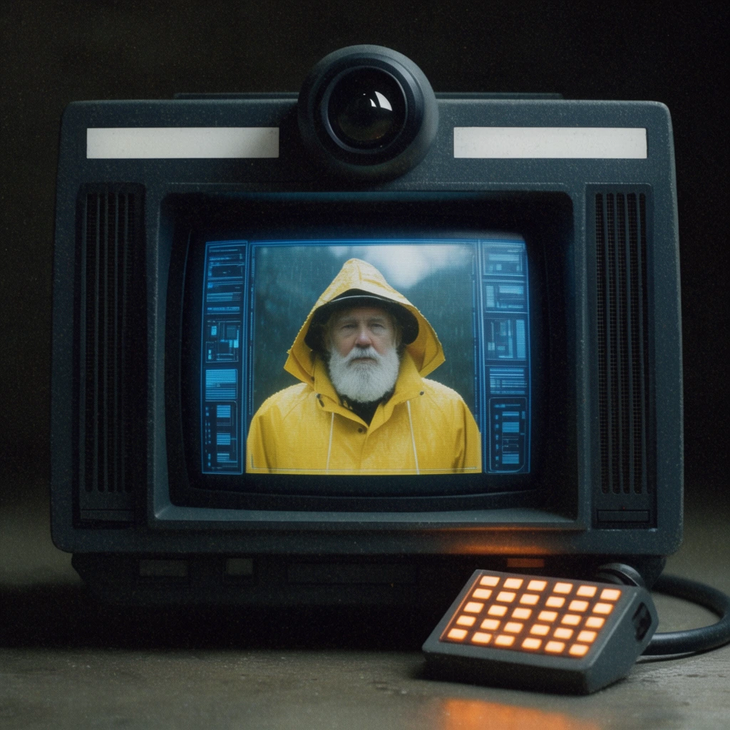 A dark gray retro-futuristic video terminal sits in a dimly lit environment. The central CRT monitor displays an older man with a white beard wearing a yellow raincoat, framed by blue geometric interface panels. The terminal features a central protruding lens, vertical speaker grilles, and a blank white strip above the screen. To the lower right, a small angled keypad module with an illuminated orange grid connects to the main unit via a thick cable. The scene has a grainy film texture, low-key lighting, and a lo-fi analog aesthetic.