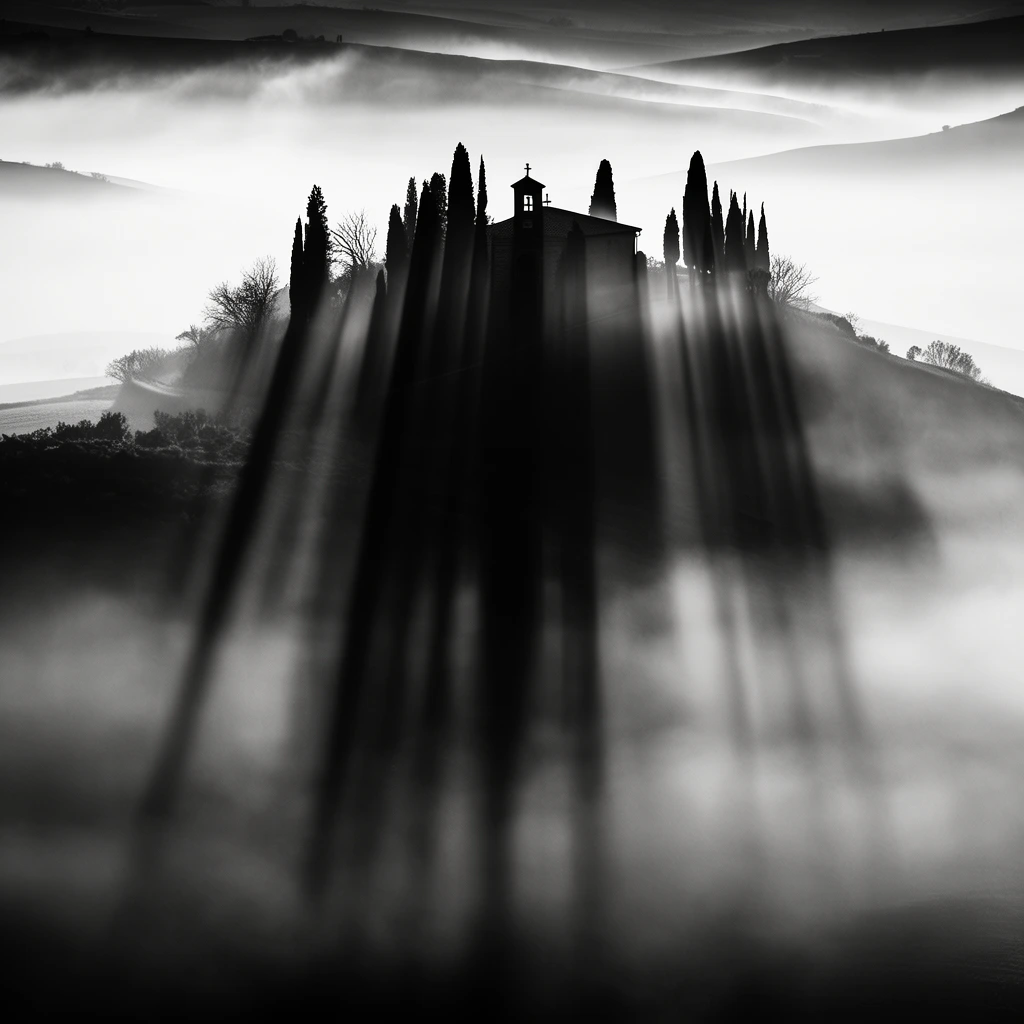 black and white landscape, stark silhouette of a hilltop chapel and farmhouse, cypress trees, dramatic sunbeams piercing thick mist, deep forward shadows, high contrast