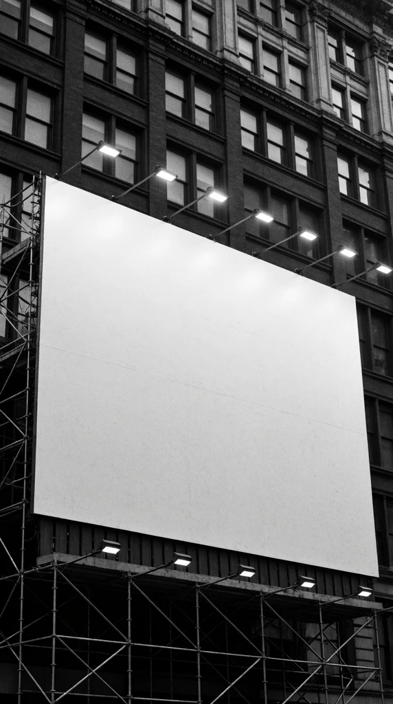 large blank white rectangular billboard, heavy metal scaffolding, row of external floodlights, dark building facade background, classic masonry architecture, repeating grid of windows, black and white urban photography, high contrast, gritty film grain, low angle perspective