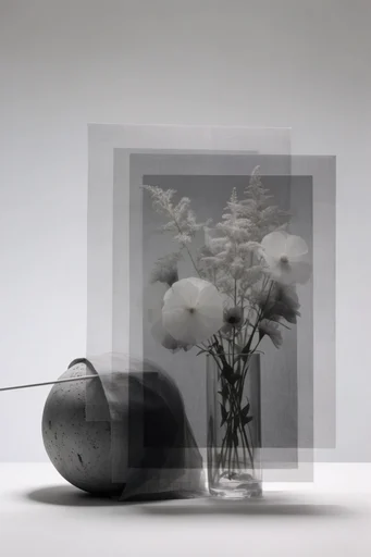 Monochrome Archival Assemblage style reference image — translucent paper texture