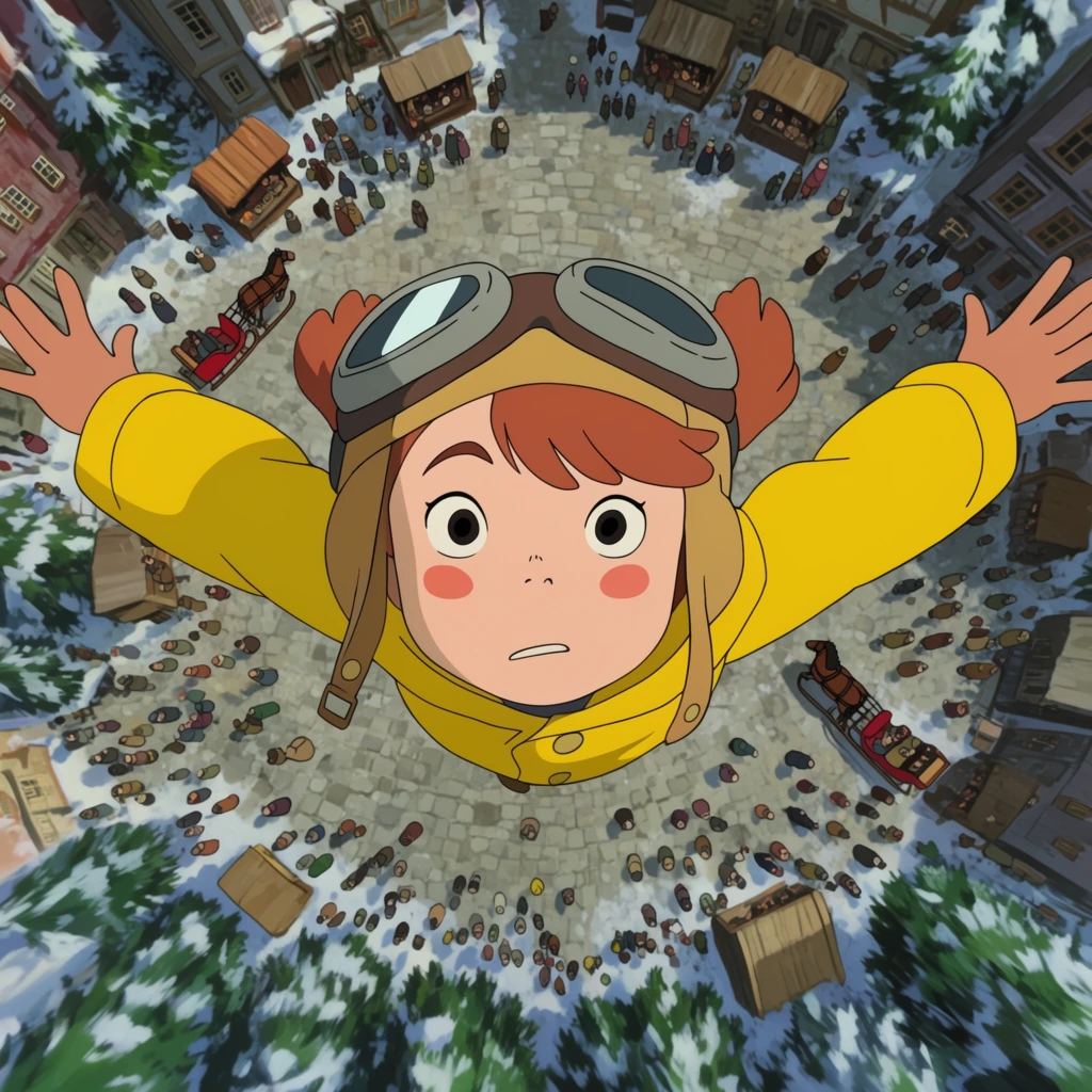 Extreme high-angle 2D cel-shaded animation of a young girl in a yellow raincoat and aviator goggles falling backwards with arms outstretched. Far below lies a snowy cobblestone town square filled with tiny crowds, horse-drawn sleighs, wooden stalls, and pine trees. Dramatic forced perspective and vibrant flat colors create intense kinetic energy.