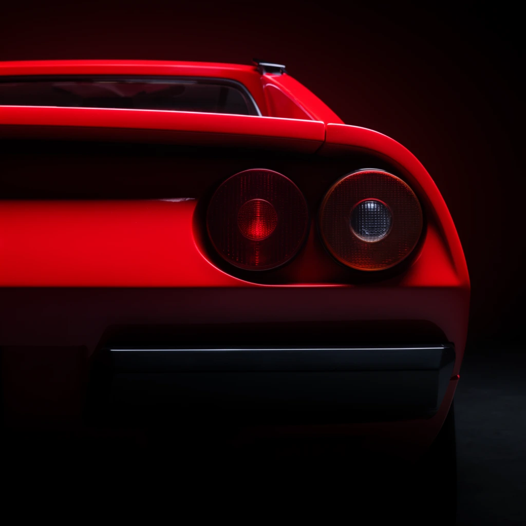 A dramatic close-up highlights the rear fascia of a classic crimson sports car emerging from deep shadows. The glossy red paneling curves gently, housing a pair of inset circular taillights on the right side. One taillight features a textured red lens, while the adjacent one contains a clear center circle. Stark overhead lighting illuminates the upper horizontal edges, letting the lower black bumper and surrounding environment melt into a pitch-black void. Shot in a minimalist studio setting, the composition uses intense chiaroscuro to emphasize the sleek geometry, vivid color saturation, and pristine automotive finish.
