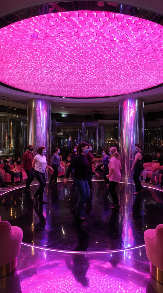 Masked people line dance on a highly reflective circular black floor in a modern neon-lit lounge. A massive glowing pink circular ceiling fixture with a hexagonal honeycomb pattern illuminates the space. Vibrant pink and purple light reflects off the glossy floor and thick metallic silver columns. Spectators watch from plush pink armchairs at the perimeter of the room.