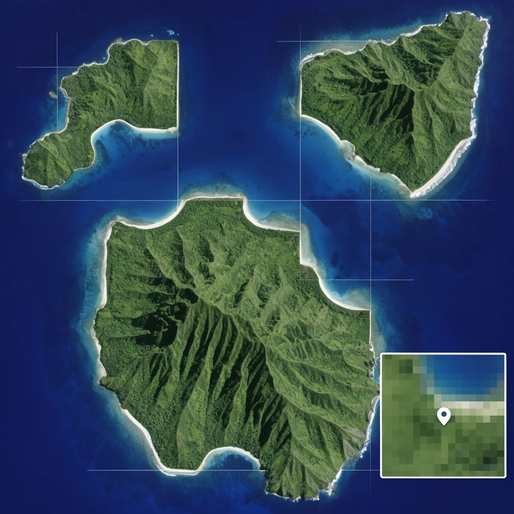 aerial satellite view of tropical islands, deep blue ocean background, highly detailed lush green mountainous terrain with steep ridges, white sandy coastlines, rigid geometric landmass silhouettes, thin white cartographic grid overlays, small square inset showing a pixelated map zoom with a location pin, photorealistic GIS aesthetic