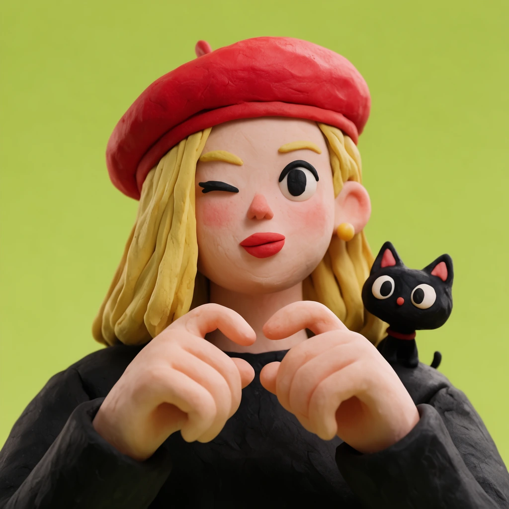 A 3D claymation portrait of a winking blonde woman in a red beret with oversized hands in a curled gesture. A tiny black cat perches on her shoulder against a solid lime-green background. Soft lighting enhances the tactile plasticine texture.