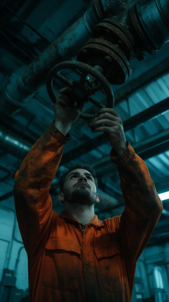low angle shot, male mechanic reaching upward, heavy orange coveralls, turning large rusted metal valve on industrial ceiling pipes, moody lighting, cool cyan color grading