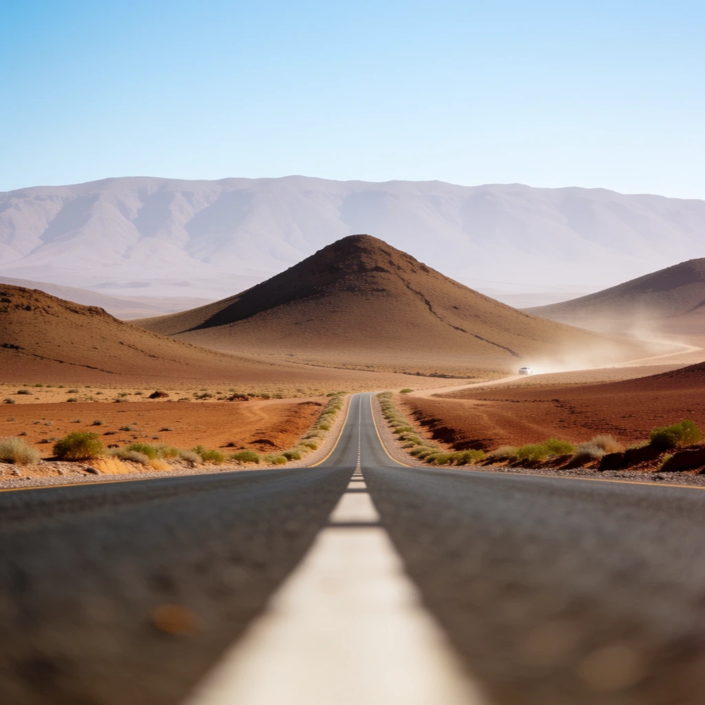 A straight asphalt highway stretches into an arid desert toward a prominent conical brown mountain. The foreground's blurred white center line leads past reddish-brown earth and sparse green scrub. Rolling sunlit hills flank the peak, backed by a hazy, pale purple mountain range across the horizon under a clear blue sky. A tiny white vehicle kicks up dust on a distant dirt path to the right. Shot in bright daylight with deep atmospheric perspective.